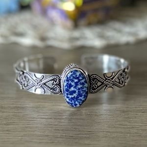 0721 Simulated Lapis Lazuli Adjustable Bangle Statement Bracelet Silver Jewelry